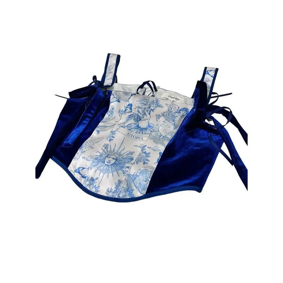 Simple Retro Navy Blue Floral Side Velvet Bustier Corset Top Size S - Picture 3 of 8